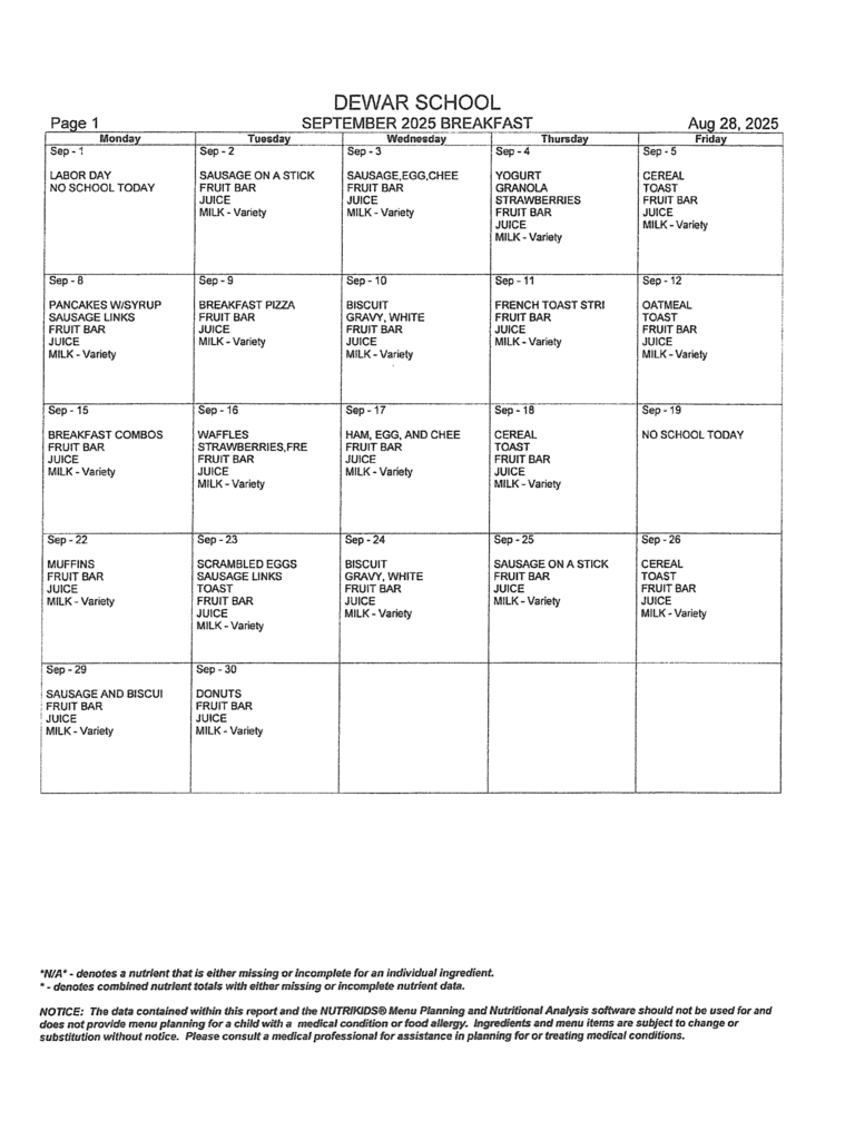 sept. menus