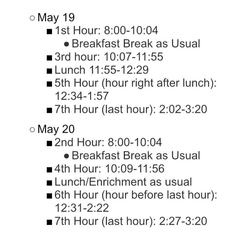 ms/hs semester test schedule