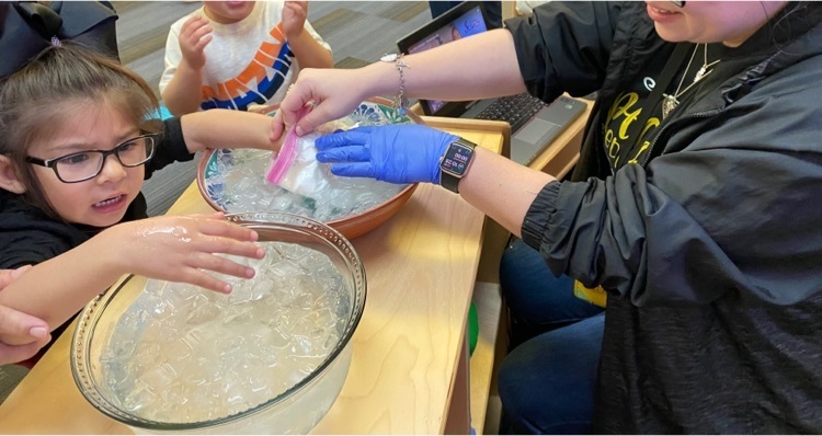 student participating in blubber experiment