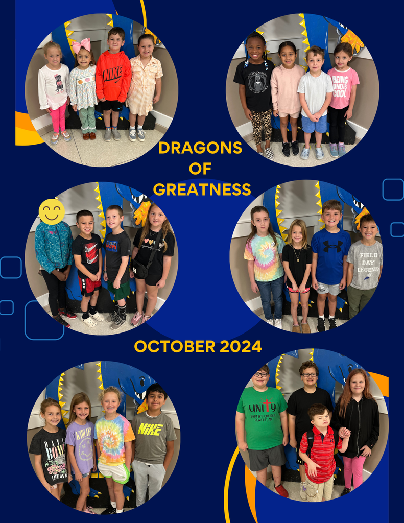 dragons of greatness, october 2024. 6 pictures of students on a blue, and yellow background