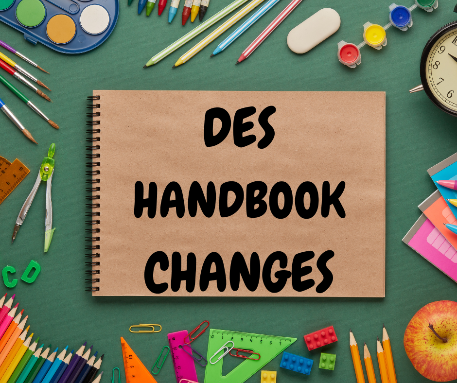 DES Handbook Changes on a green background surrounded by school supplies