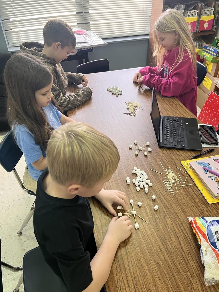 Students creating marshmallow and toothpick snowflakes