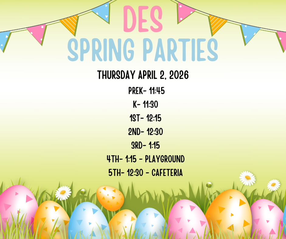 DES Spring Parties poster - with pennant banners at the top and decorated eggs in grass along the bottom with a green background