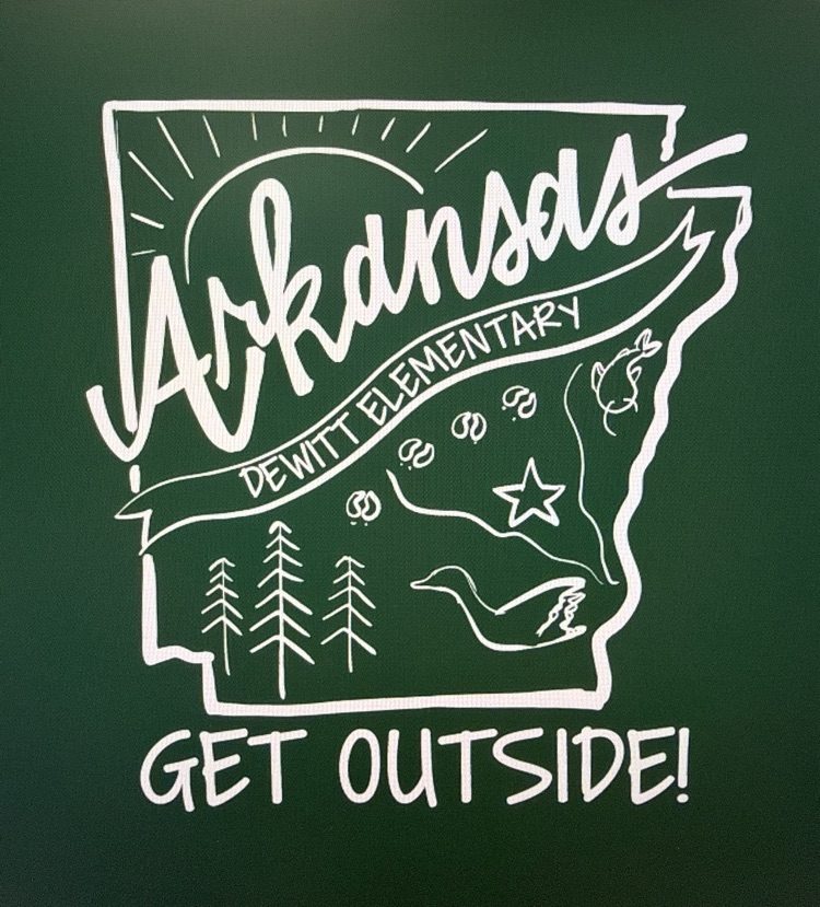field day shirt design - forest green with the outline of Arkansas drawn and outlines of trees, birds and the sun. with the works Arkansas DeWitt Elementary and Get Outside! written on it 