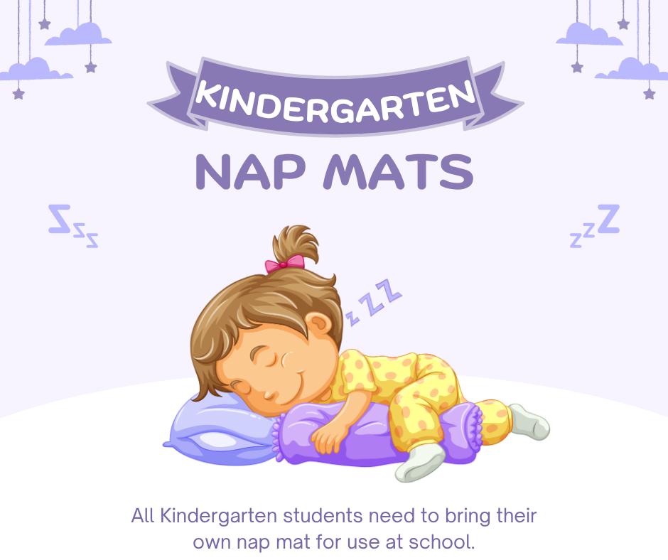 Kindergarten Nap Mats - Students need tp bring their own nap mat for use at school. Picture of student in a yellow outfit cuddling a rolled pillow with head on a purple pillow