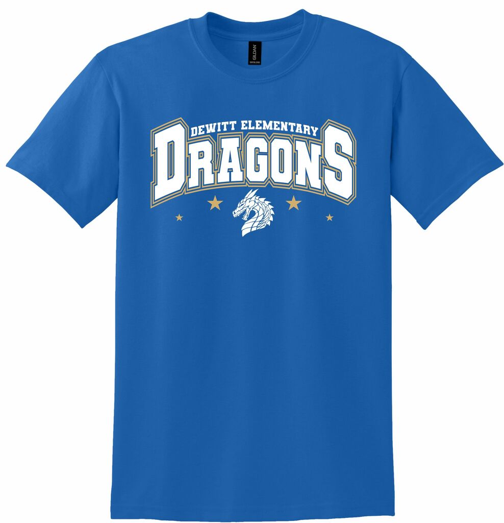 Royal blue shirt with DeWitt Elementary Dragons in white letters and a white dragon in profile