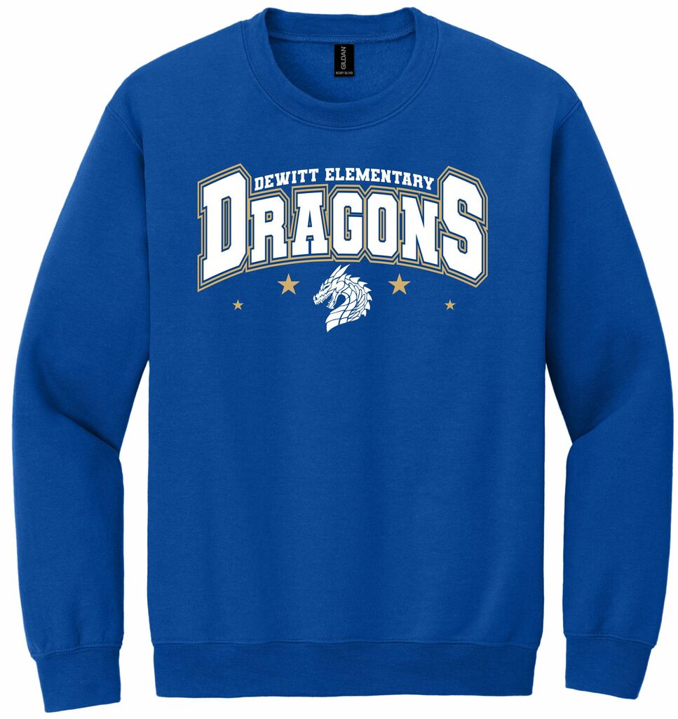 Royal blue sweatshirt with DeWitt Elementary Dragons in white letters and a white dragon in profile