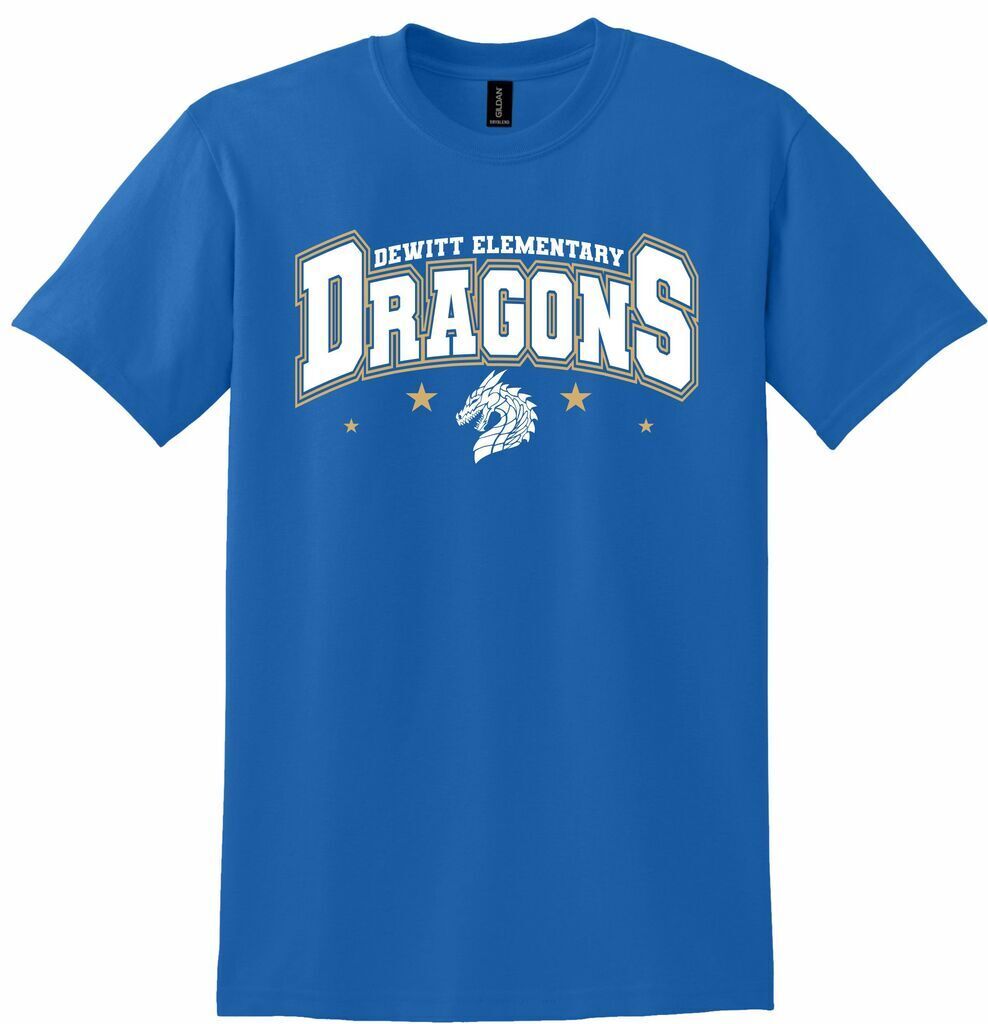 Royal blue shirt with DeWitt Elementary Dragons in white letters and a white dragon in profile