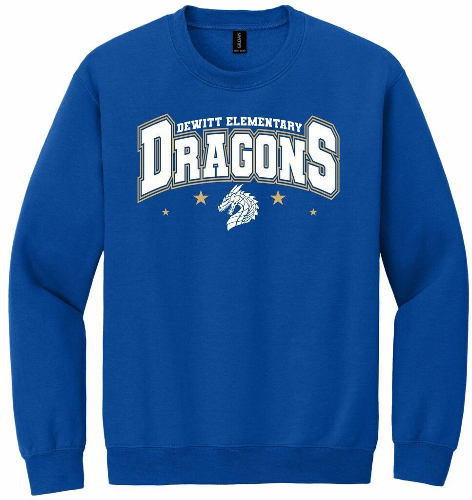 Royal blue sweatshirt with DeWitt Elementary Dragons in white letters and a white dragon in profile