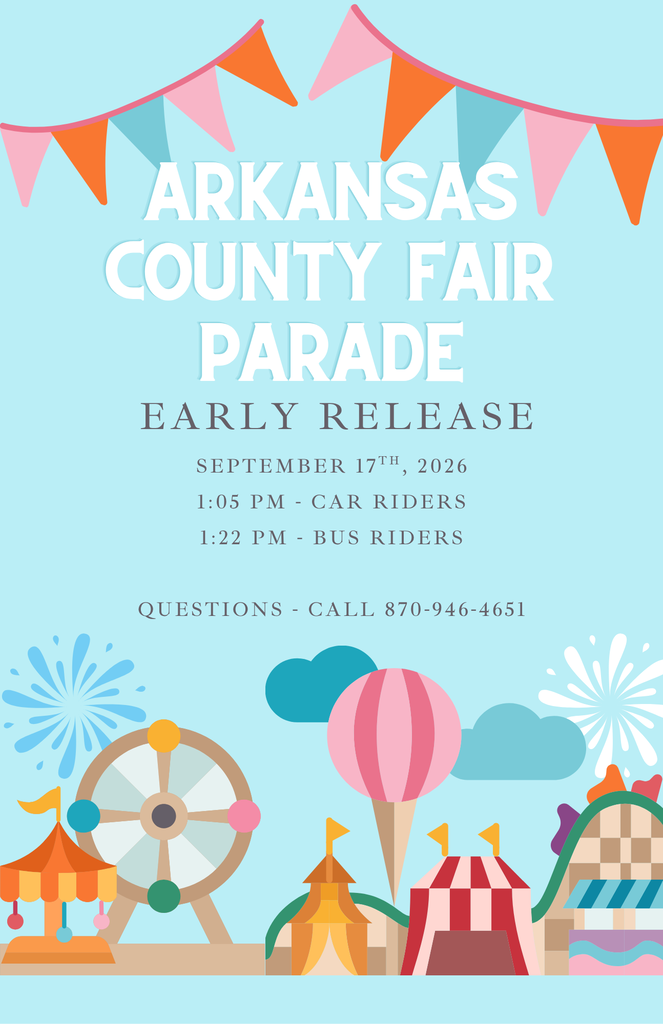 ARCO Fair Parade flyer with light blue background and fair rides along the bottom. A pennant flag banner across the too
