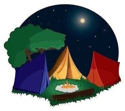 cartoon camping scene with three tents around a fire, a tree and a blue night sky with a bright moon and stars