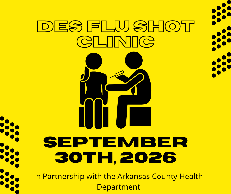 One stick figure giving another stick figure a flu shot, on a yellow background