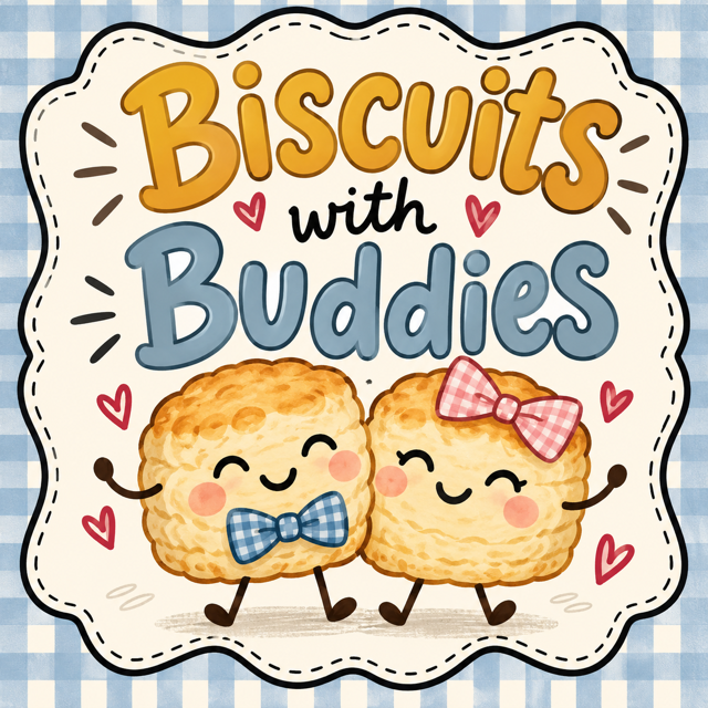 Biscuits with Buddies graphic - with two cartoon breakfast biscuits hugging each other