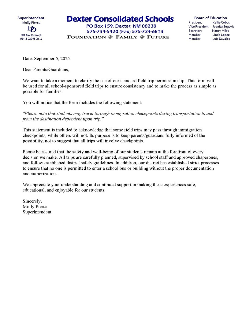 2025-26 Letter to Parents about Fieldtrip (immigation statement) ENGLISH