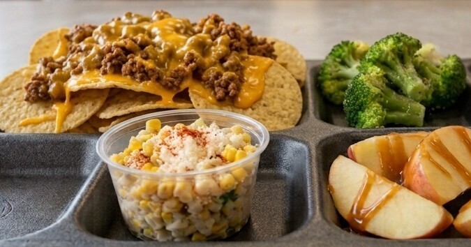 Beefy Nachos, street corn in a cup, broccoli and caramel apple wedges