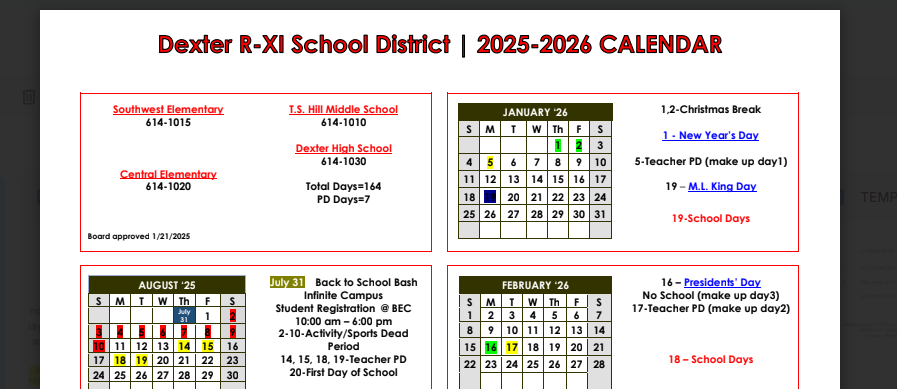 School calendar 2025-2026 | Dexter R-XI School District