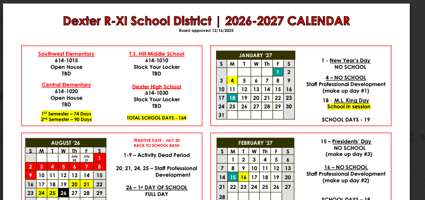 Clipping of top part of 2026-2027 school calendar