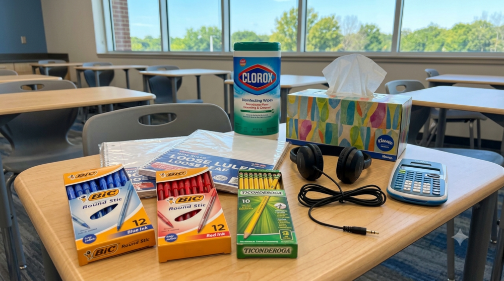 :A detailed photograph taken on a wooden school desk, showing an assortment of school supplies. Prominently featured is a 'Texas Instruments TI-30XS MultiView' scientific calculator (image_20.png) next to a large cardboard box of 'Kleenex' facial tissues (image_15.png). Also present are a tub of 'Clorox Disinfecting Wipes' (image_13.png), a package of 12 black ink pens (similar to image_4.png), a package of 12 red ink pens (image_6.png), and a package of 12 #2 pencils (image_8.png). Below these items are two separate packages of lined loose leaf paper (image_10.png). A set of black over-ear headphones with a prominent black cord and 3.5mm jack (similar to image_16.png) lies nearby. In the background is a classroom with a whiteboard and other desks. The lighting is natural daylight from a window.