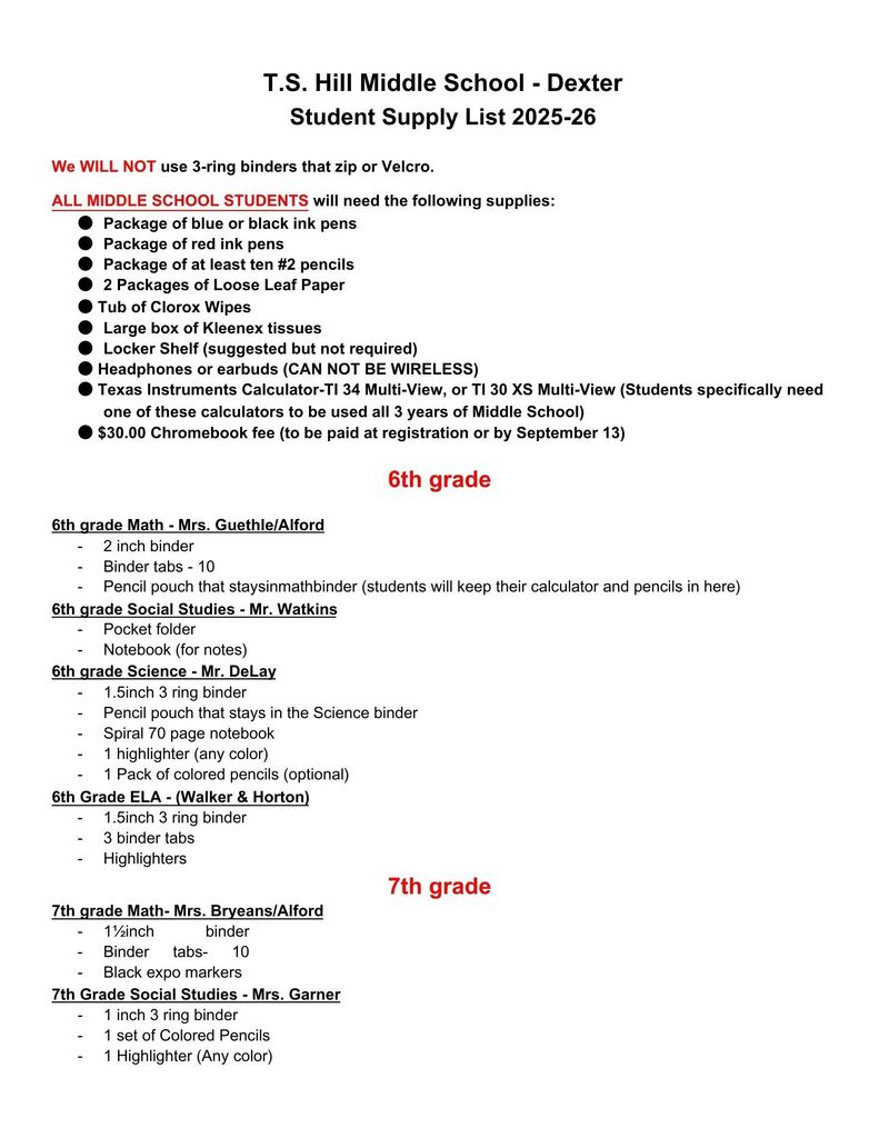T.S. Hill Middle School Supply List - Page 1