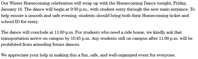 HOCO Dance Pick-up Message