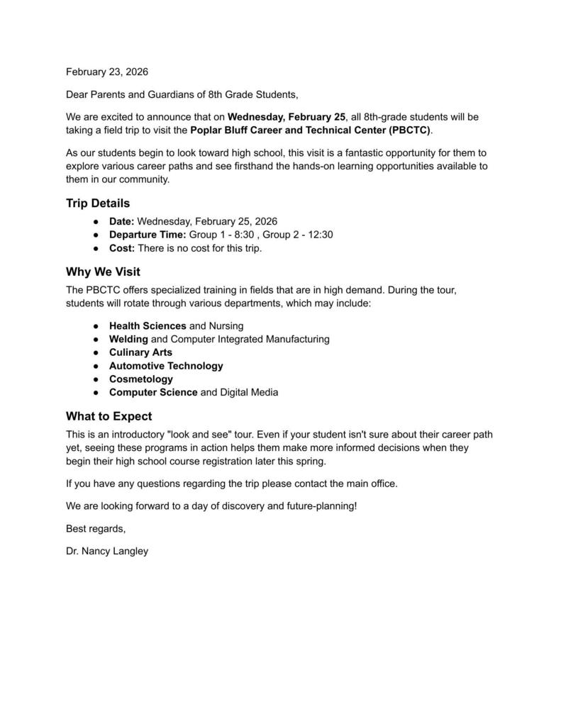 Information about the 8th grade visit to PB Career and Technical Center.