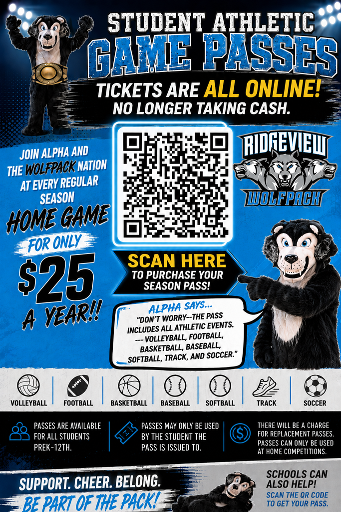 Student Athletic Passes now available. They are all online! We are no longer taking cash.