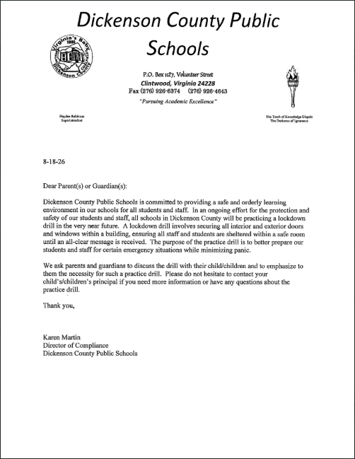 Lock Down Drill notice