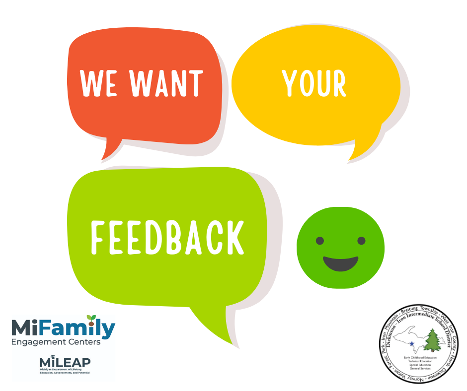 Graphic with text stating 'We want your feedback' 