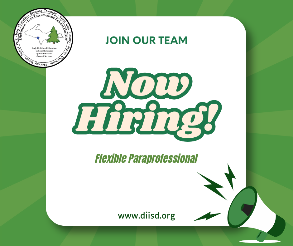 Graphic and images with text "Now Hiring- Flexible Paraprofessional"