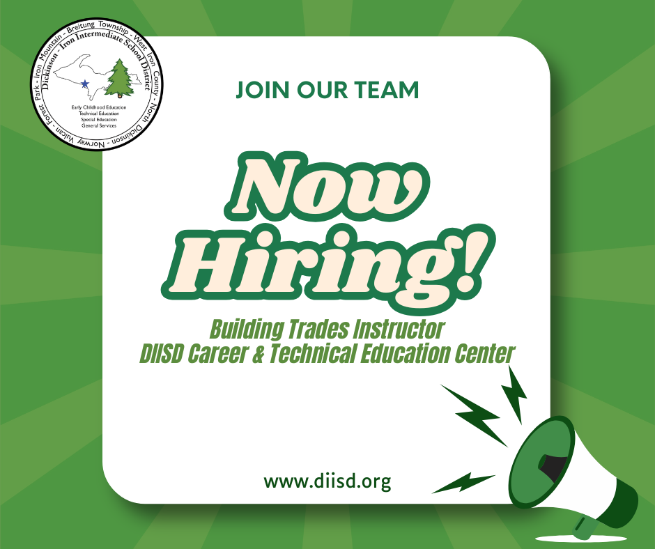 Graphic with words Now Hiring! Building Trades Instructor