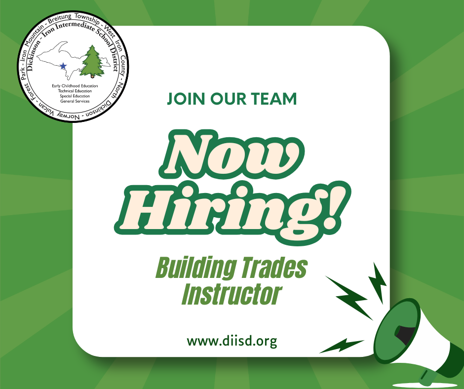 Now hiring graphic for the open position of building trades instructor.