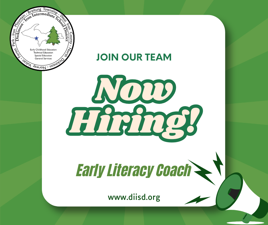 Now hiring graphic for the open position of early literacy coach.