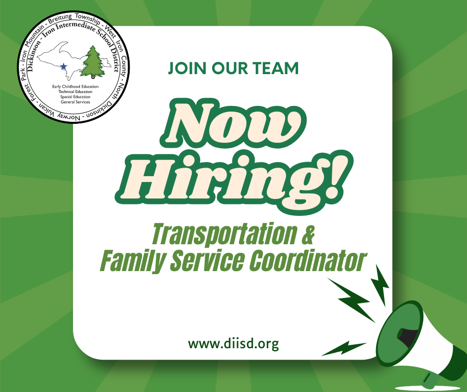 Now hiring graphic for the Transportation and Family Service Coordinator.