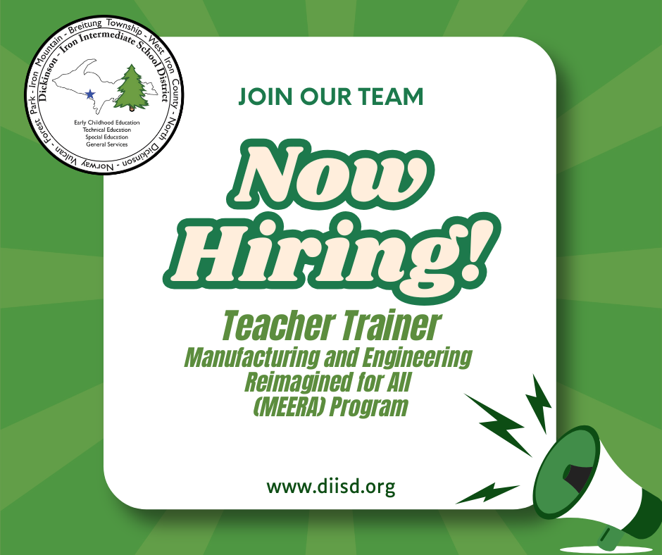 Now hiring graphic for the Teacher Trainer - Manufacturing and Engineering Reimagined for All (MEERA) Program.