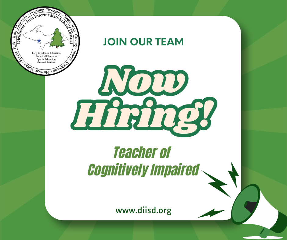 Now hiring graphic for open position of teacher of cognitively impaired.