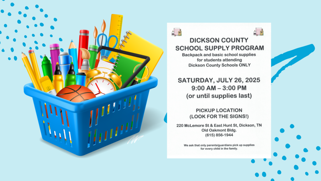 Blue background with blue dots and scribbles. A shopping basket with school supplies is on the left and a white text box is on the right. 