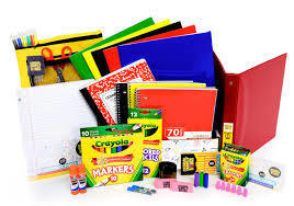 Pencil Pouch, folders, glue sticks, binder, erasers, markers, and crayons 