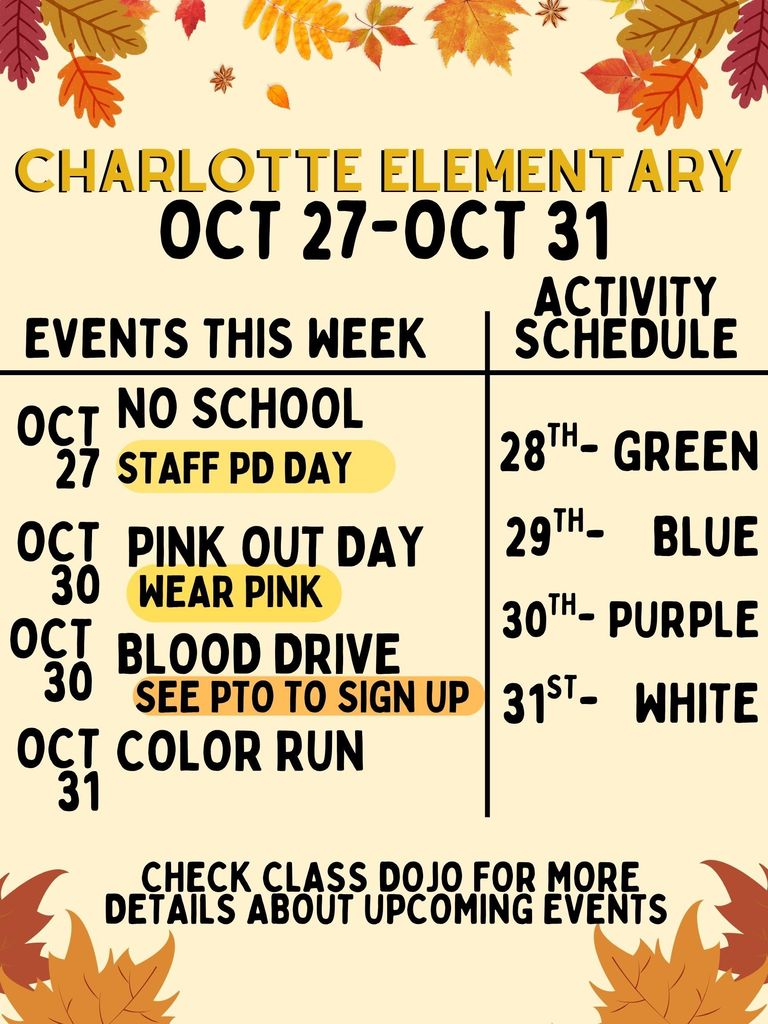 flyer with fall leaves and info about upcoming events and activity schedule for the week 