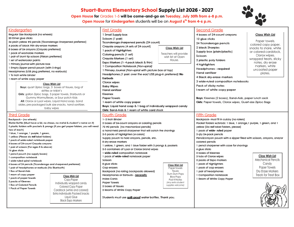 2026 - 2027 Supply List