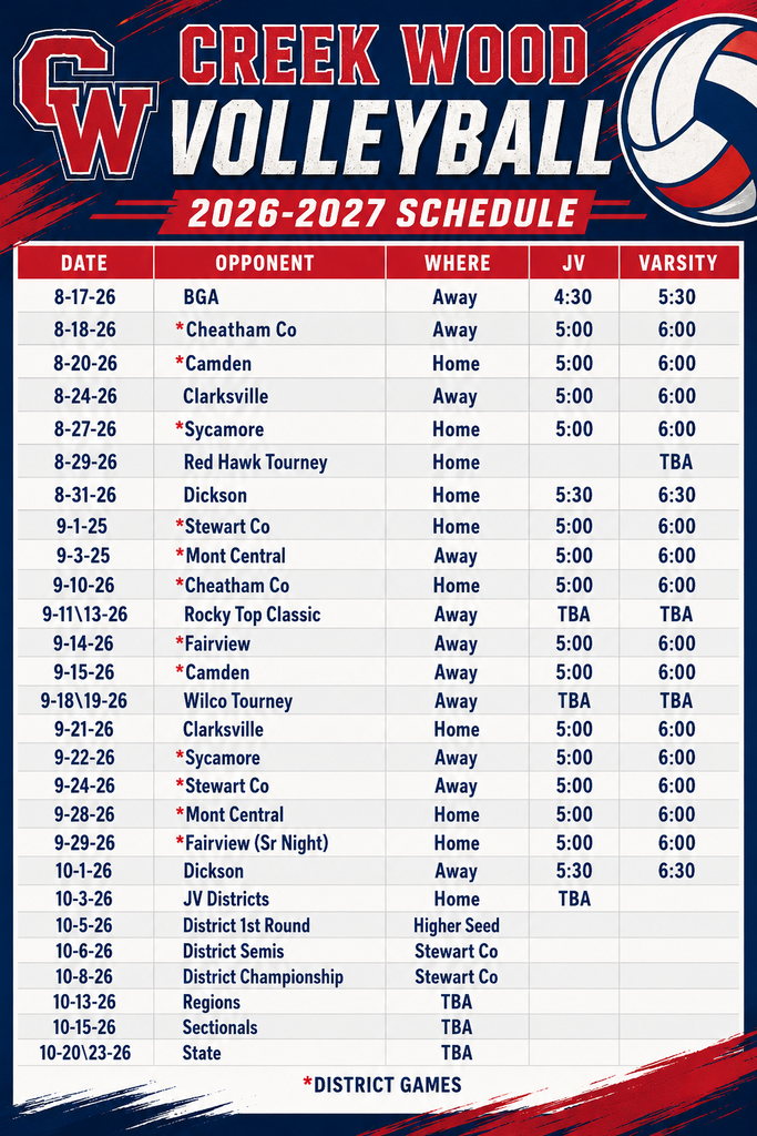 Graphic of the 2026 CWHS Volleyball Schedule