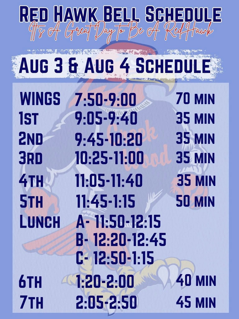 Aug 3 and 4th bell schedule WINGS 7:50 to 9:00, 1st 9:05-9:40, 2nd 9:45-10:20, 3rd 10:25-11, 4th 11:05-11:40, 5th 11:45-1:15, A Lunch 11:50-12:15, B 12:20-12:45, C 12:50-1:15, 6th 1:20-2:00, 7th 2:05-2:50