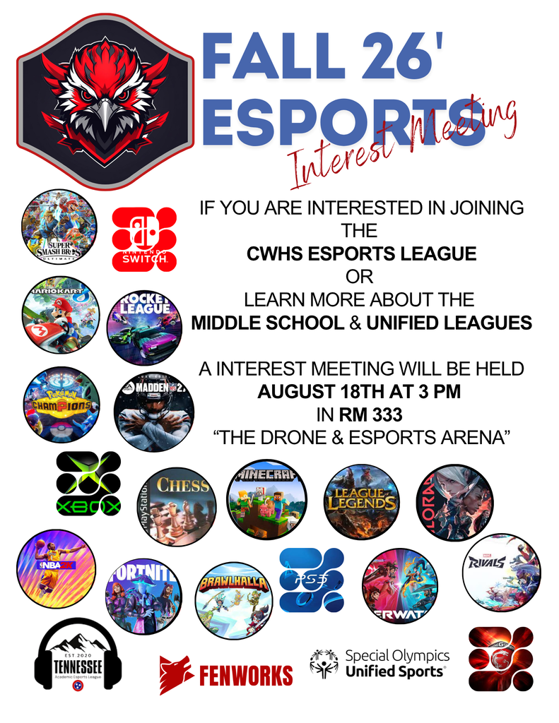 Fall 2026 Esports Information mtg August 18 at 3 PM in room 333