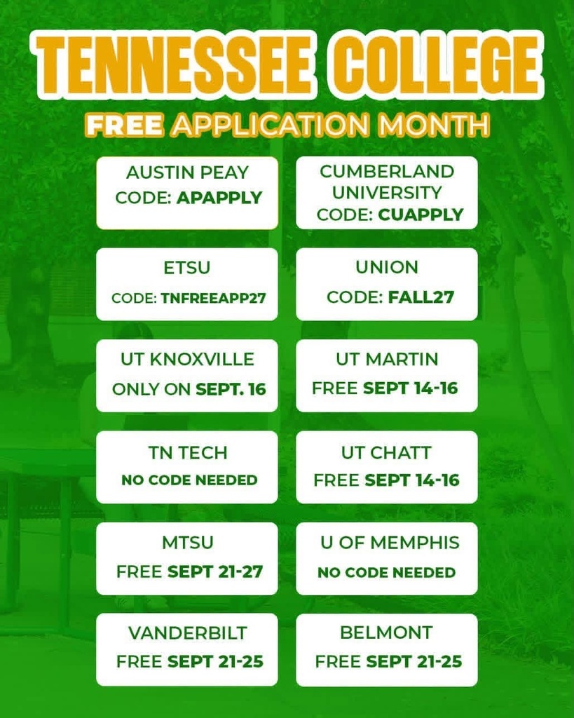 Dates that TN Colleges have free applications during the month of September