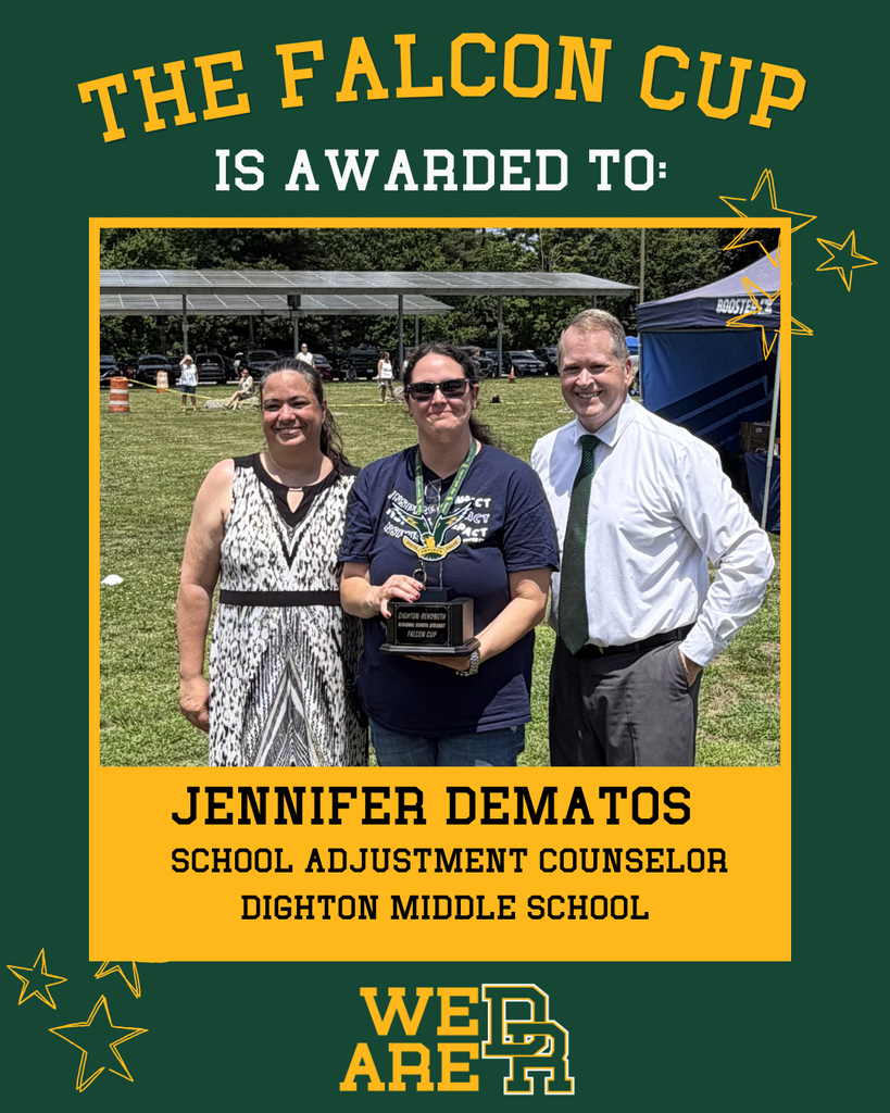Jen deMatos Falcon Cup recipient pictured with principal and superintendent