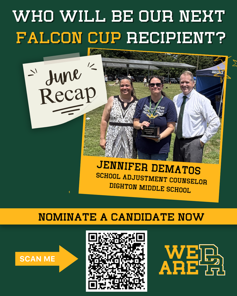 This image is the same as the previous but gives a June recap of who won the Falcon Cup - Jennifer Dematos, school adjustment counselor at Dighton Middle School