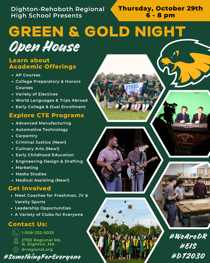 “There's #SomethingForEveryone at DR! Check out all of our amazing activities run at our school. Get information, check out performances and demos, and join at our annual Green & Gold night on October 29th from 6 - 8 PM! #WeAreDR #WeAreAllFalcons #DT2030 #EIS #SomethingForEveryone"