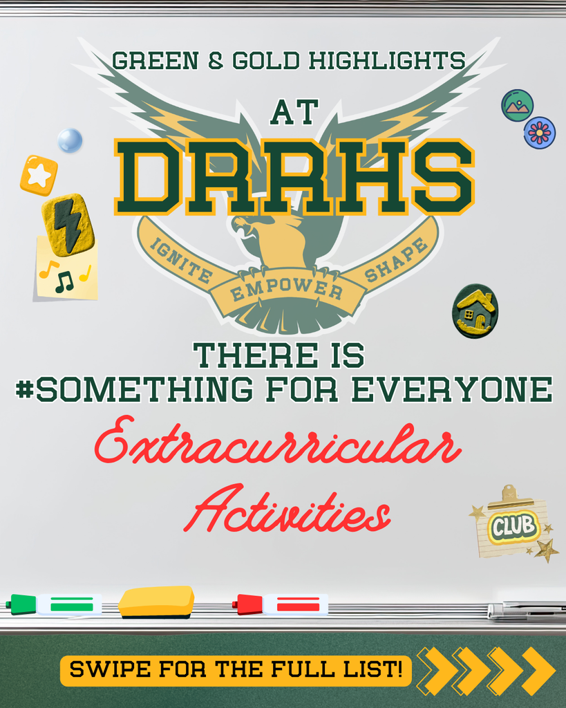 “There's #SomethingForEveryone at DR! Check out all of our amazing activities run at our school. Get information, check out performances and demos, and join at our annual Green & Gold night on October 29th from 6 - 8 PM! #WeAreDR #WeAreAllFalcons #DT2030 #EIS #SomethingForEveryone"