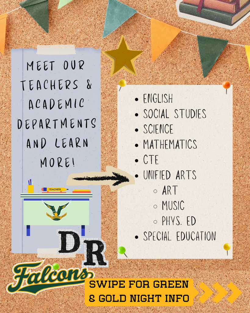 “There's #SomethingForEveryone at DR! Check out all of our academics at our school. Get information, check out performances and demos, and join at our annual Green & Gold night on October 29th from 6 - 8 PM! #WeAreDR #WeAreAllFalcons #DT2030 #EIS #SomethingForEveryone"