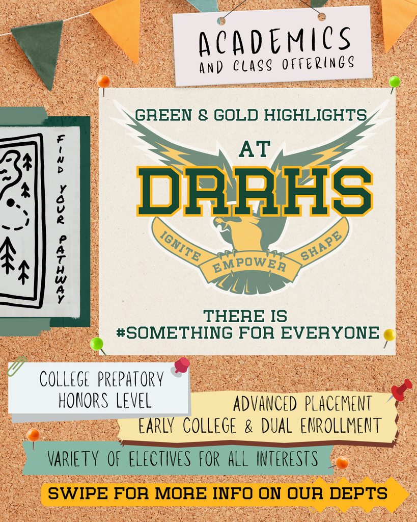 “There's #SomethingForEveryone at DR! Check out all of our academics at our school. Get information, check out performances and demos, and join at our annual Green & Gold night on October 29th from 6 - 8 PM! #WeAreDR #WeAreAllFalcons #DT2030 #EIS #SomethingForEveryone"