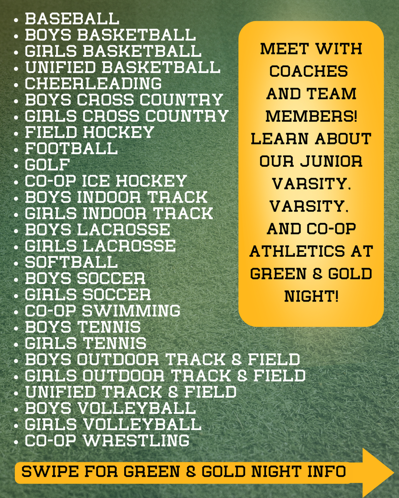 “Score! Touchdown! Net! Come through for DRRHS's Green & Gold Night on October 29th from 6 - 8 PM to learn more about our athletics! Meet coaches, teammates, and learn more about our Falcon athletic pride with Unified, Co-Op, Junior Varsity, and Varsity teams; there is #SomethingForEveryone! #WeAreDR #WeAreAllFalcons #DT2030 #EIS